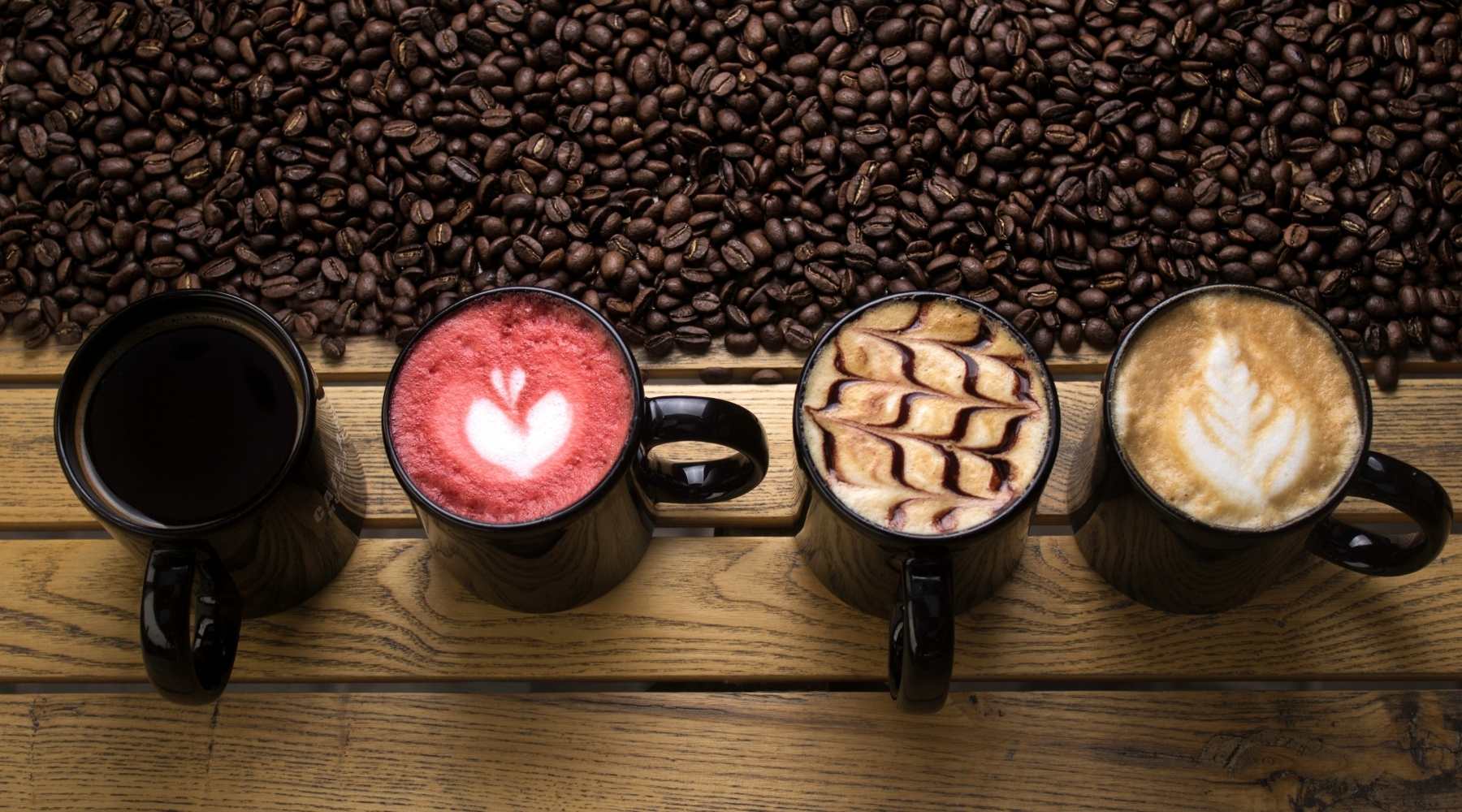 Cute cups of coffee. Latte, espresso, frappuccino, cappuccino